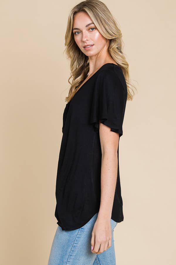 V Neck Twist Detail Flare Sleeve Top