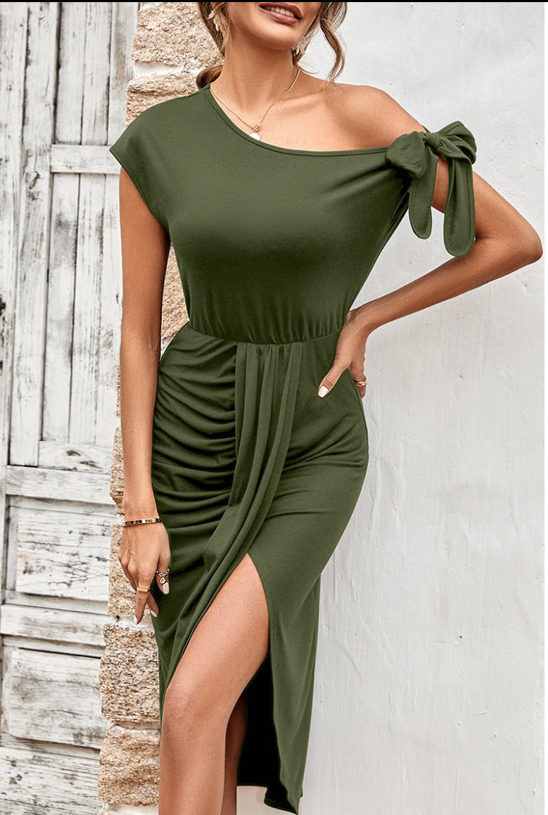 Olive Off Shoulder Knot Dress