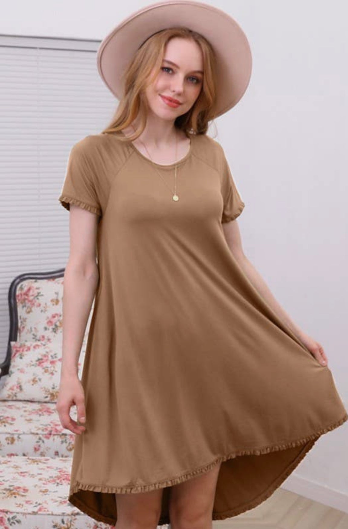 Camel Ruffle T-shirt Dress