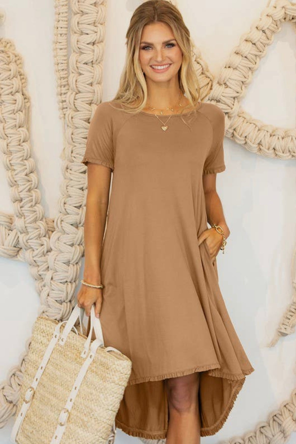 Camel Ruffle T-shirt Dress