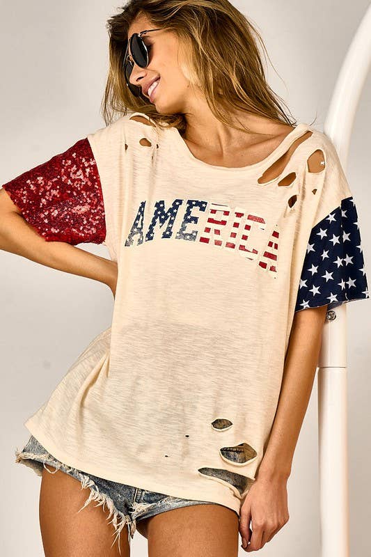 American Flag Theme Color Block Top