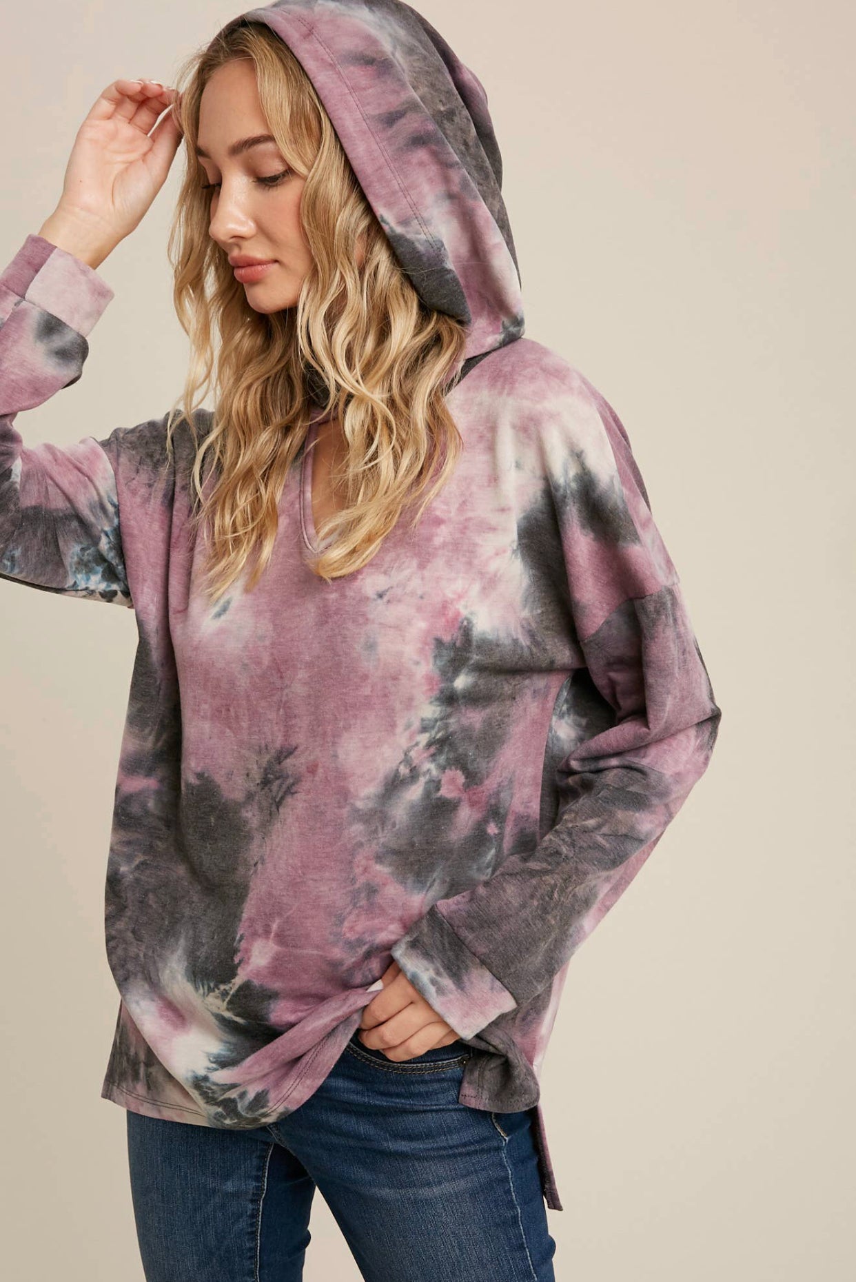 Purple Tie Dye Open Neck Hoodie