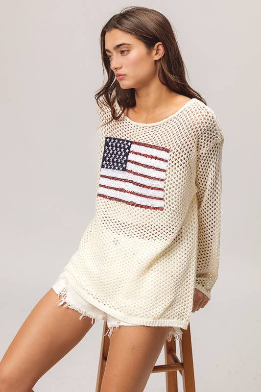 Sequin American Flag Patch Open Knit Cover Up