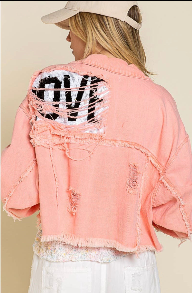 Coral Distressed LOVE a jacket