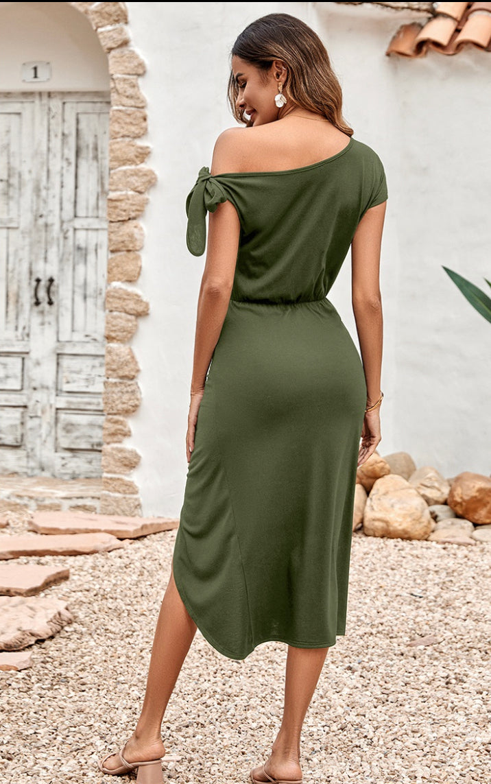 Olive Off Shoulder Knot Dress