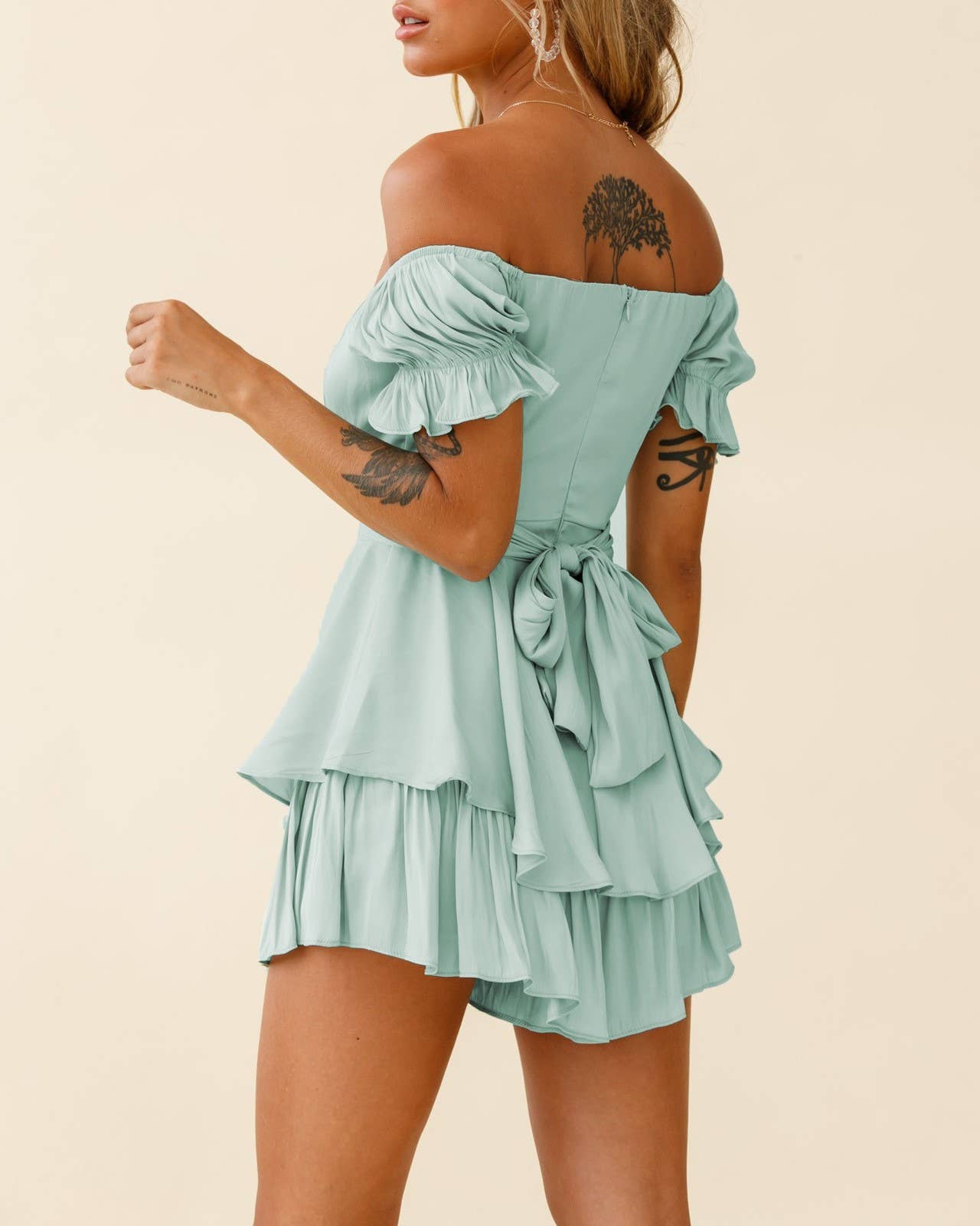 Straight-Neck Balloon Ruffle Sleeve Jumpsuit