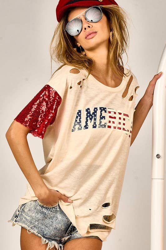 American Flag Theme Color Block Top