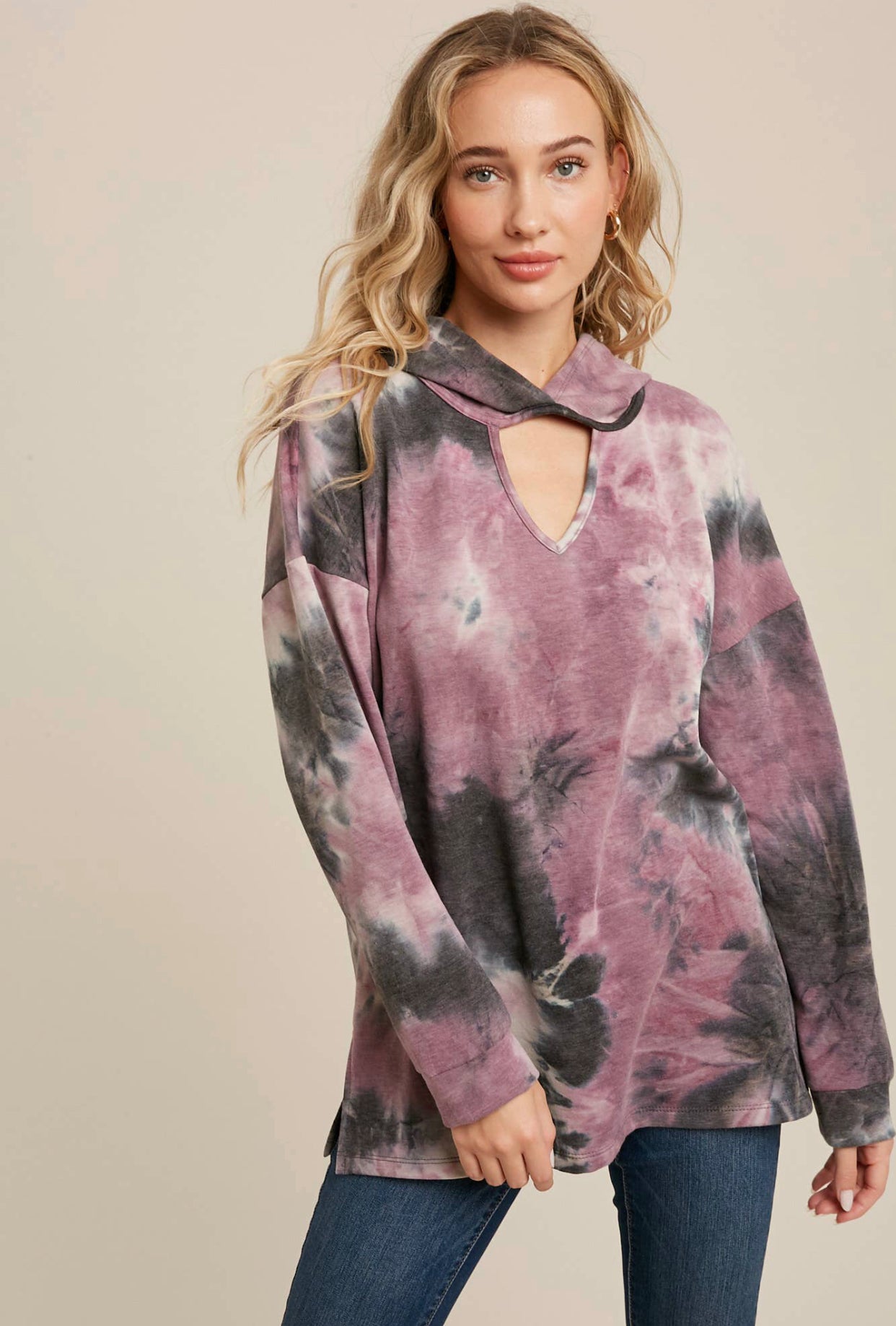 Purple Tie Dye Open Neck Hoodie