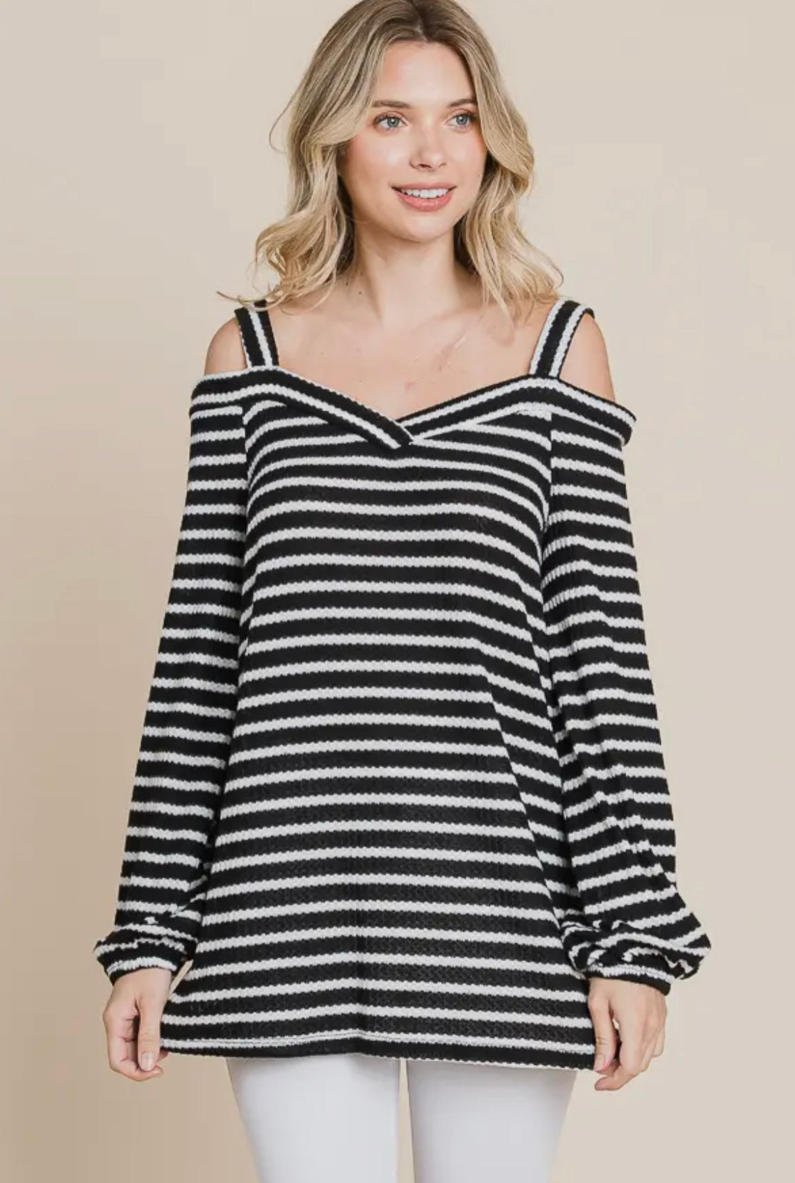 Black & White Striped Cold Shoulder