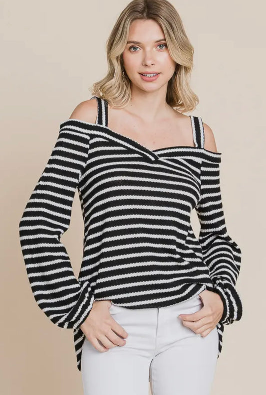 Black & White Striped Cold Shoulder