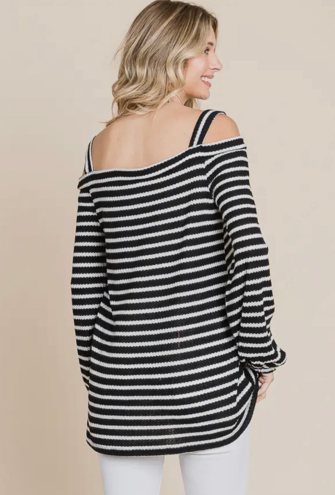 Black & White Striped Cold Shoulder