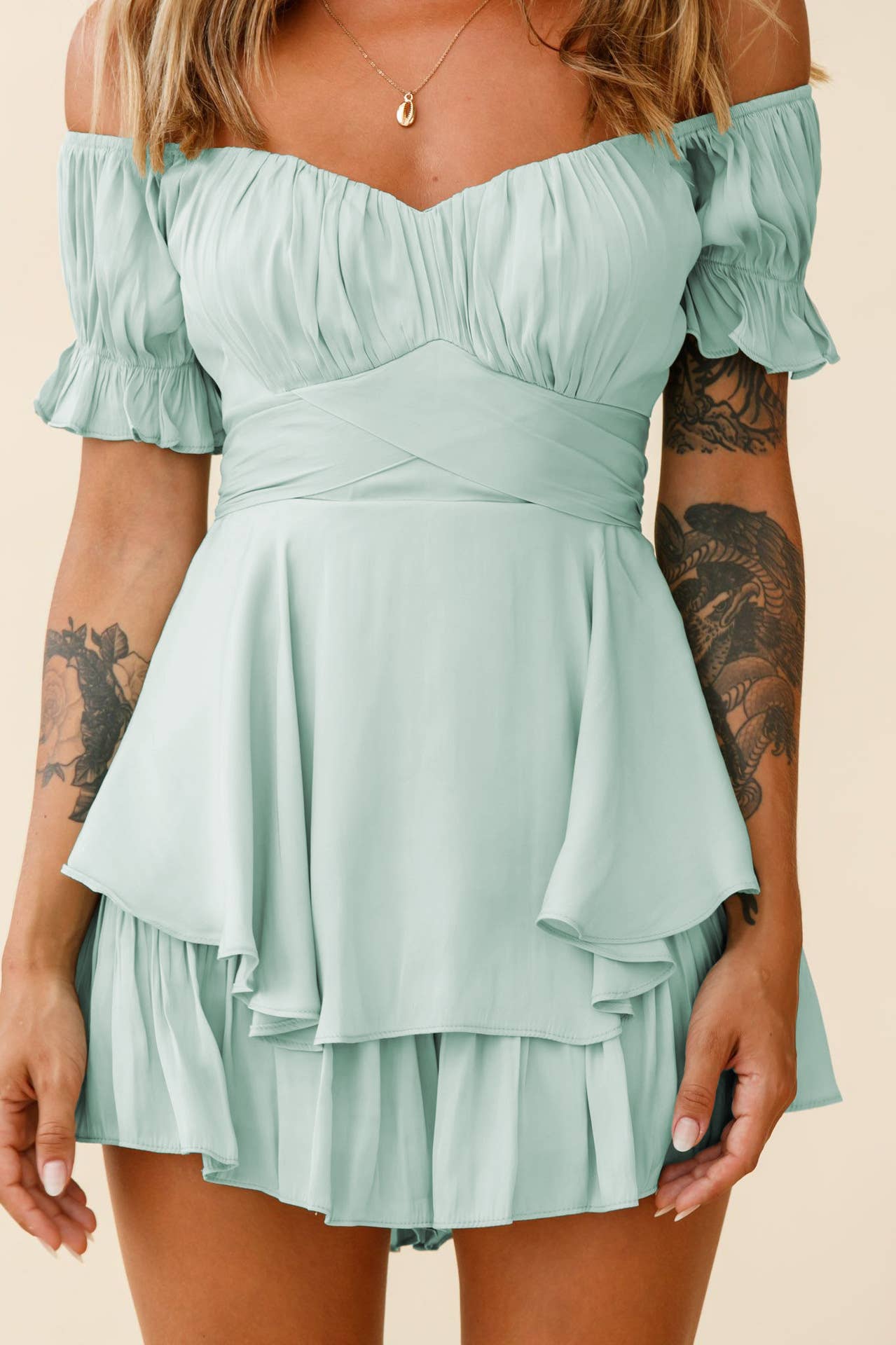 Straight-Neck Balloon Ruffle Sleeve Jumpsuit