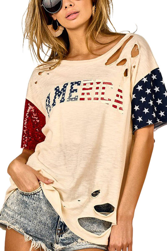 American Flag Theme Color Block Top