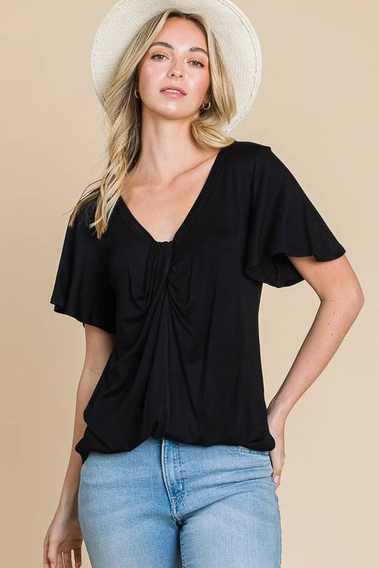V Neck Twist Detail Flare Sleeve Top