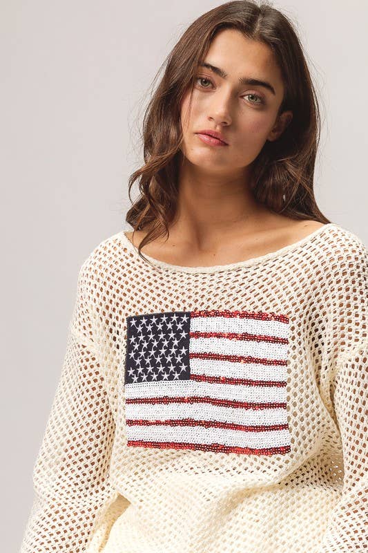 Sequin American Flag Patch Open Knit Cover Up