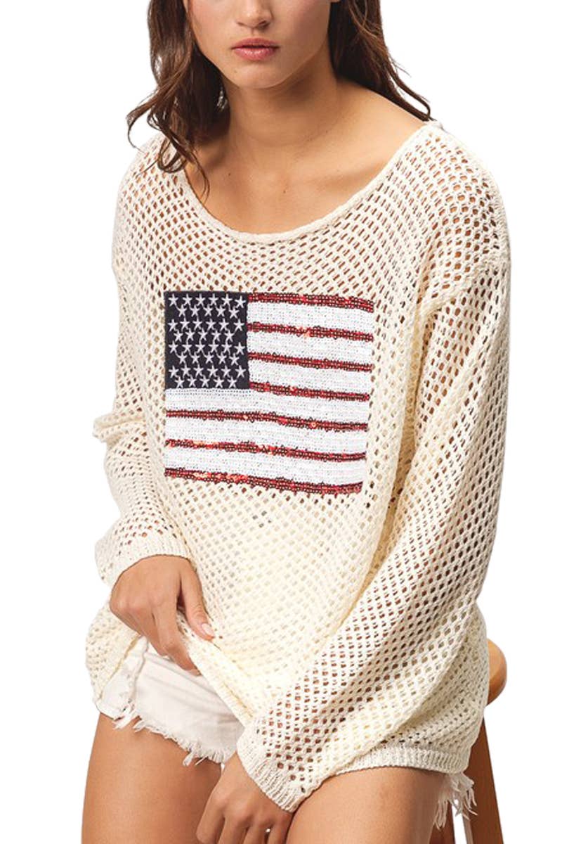 Sequin American Flag Patch Open Knit Cover Up